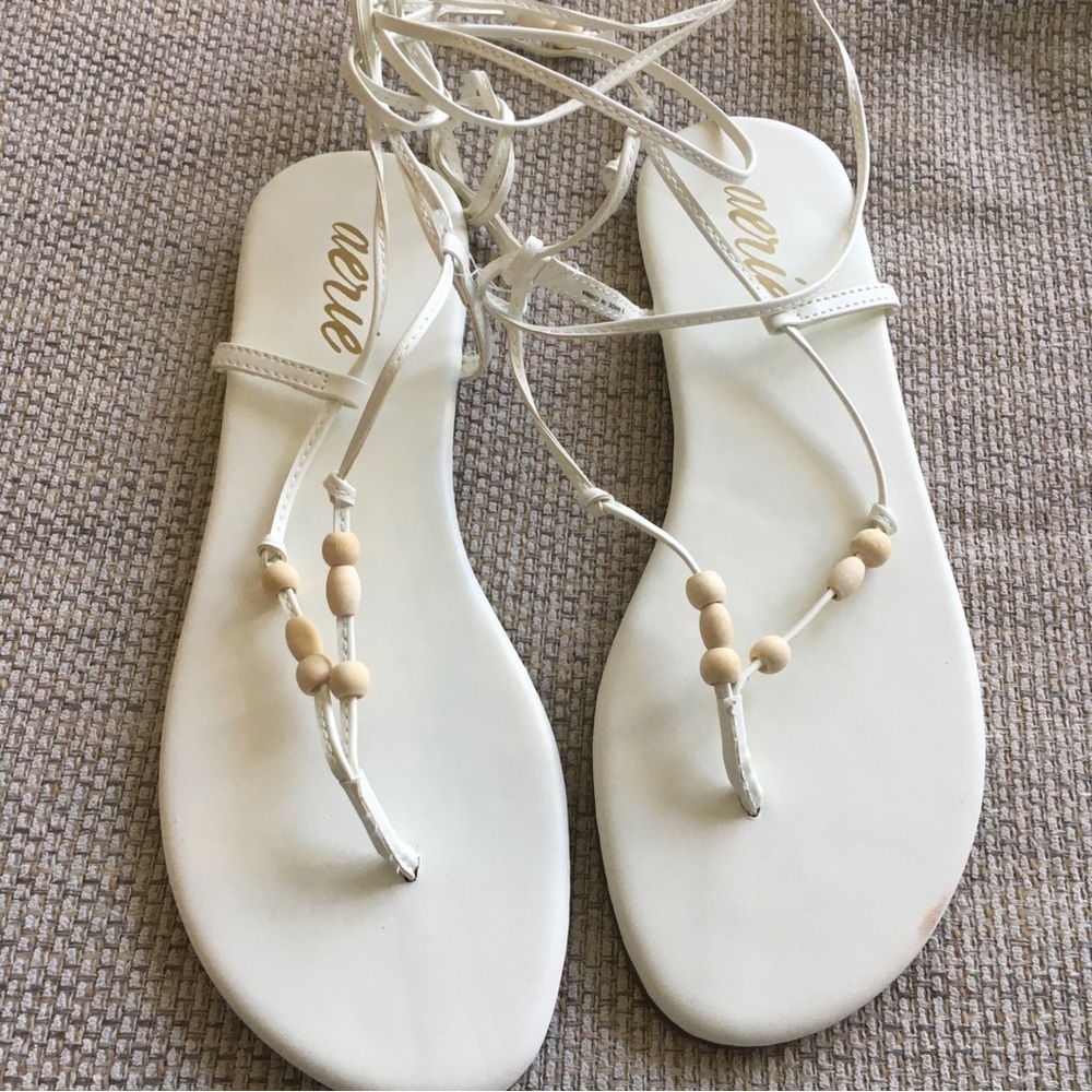 aerie White Beaded Lace-Up Sandals with Natural Wood Accents